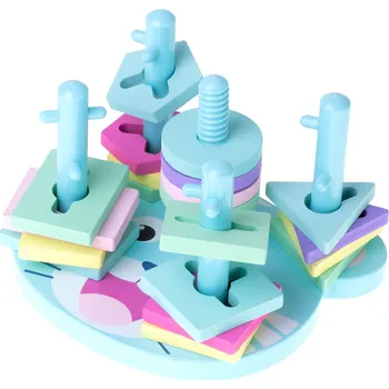 Dřevěná hračka KIK Dřevěná navlékací věž medvídek, modrá, KX6899