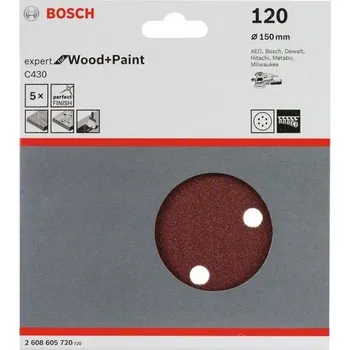 Příslušenství k brusce 5x Brusný kotouč do excentrické brusky Bosch C430 - 150mm, zr.120, 6 otvorů, suchý zip (2608605720)
