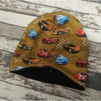 Kojenecká čepice Yháček Šmoulí čepička Yháček, auta na hnědé, flís, vel. XS Obvod hlavičky: XS