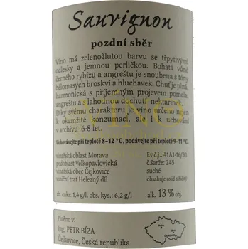 Víno VINAŘSTVÍ BÍZA Bíza Sauvignon 2018 pozdní sběr 0,75 l suché moravské bílé víno poslední láhev