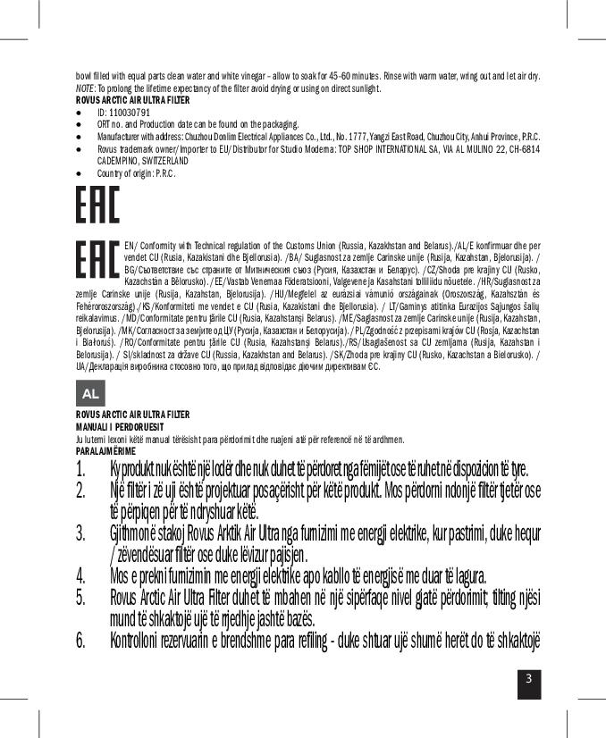 Manuál Rovus Arctic Air Ultra bílá | Zboží.cz