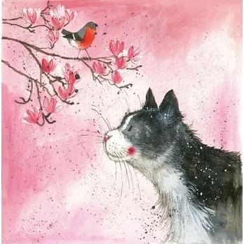 Přání s kočkou a ptáčkem - design Alex Clark