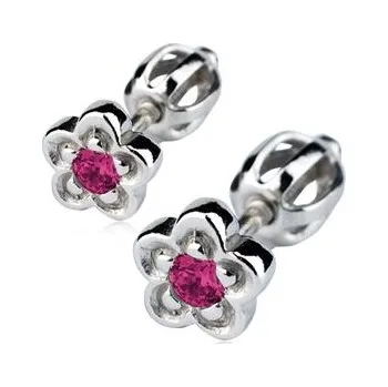 Náušnice Stříbrné náušnice - kytičky, tmavě růžový zirkon - Stříbrné náušnice - kytičky, tmavě růžový zirkon
