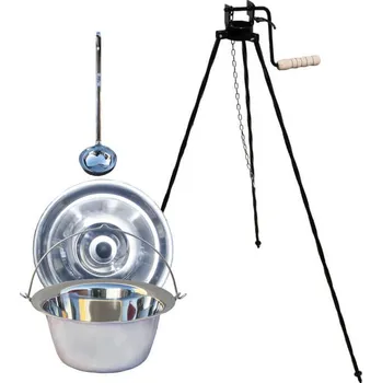 Kempingové nádobí Nerezový kotlík 14 L + poklice + naběračka + stojan s pojistný kladkou WAR