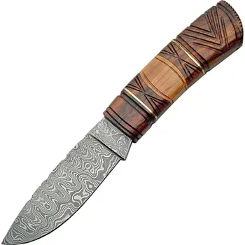 Sebeobrana Nůž s pevnou čepelí DAMASCUS CARVED dřevěná rukojeť