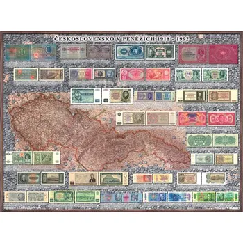 Peněžní nástěnná mapa Československa 1918 - 1992, 160 x 120 cm, lamino + očka
