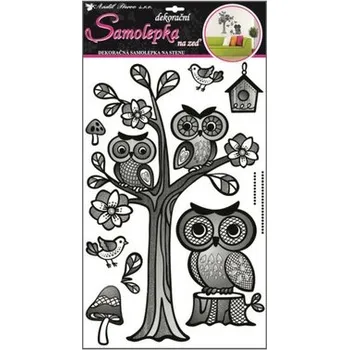 Samolepící dekorace Samolepky na zeď strom se sovami s rastrem 50x32cm