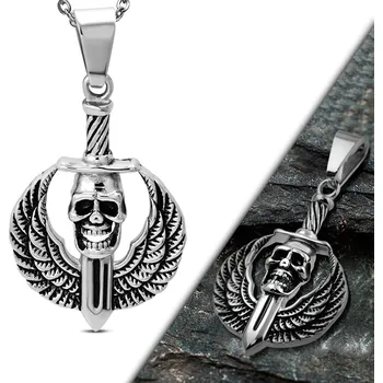 Přívěsek 316Steel Přívěsek z chirurgické oceli - okřídlený meč s lebkou