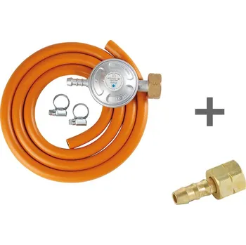 Plynová hadice SET X3 pro nízkotlaké vařiče MEVA, 2m hadice, regulátor 30 mbar, nátrubek rovný (Skládaný komplet obsahuje hadici cca 2 m, plynový regulátor, 2 x spona, nátrubek rovný)