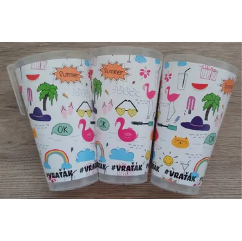 Jednorázové nádobí Kelímek SMAJLÍK vratný s klipem, cejch 0, 3 0, 4 a 0, 5lt.