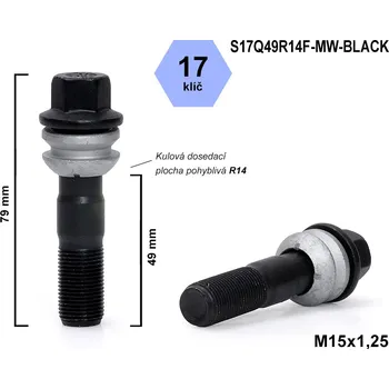 Šroubek na kolo Kolový šroub M15x1,25x49 kulový R14, pohyblivá plocha, klíč 17, S17Q49R14F-MW-BLACK, černý, výška 79 mm