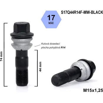 Šroubek na kolo Kolový šroub M15x1,25x44 kulový R14, pohyblivá plocha, klíč 17, S17Q44R14F-MW-BLACK, černý, výška 74 mm