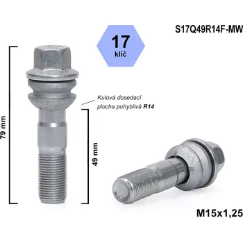 Šroubek na kolo Kolový šroub M15x1,25x49 kulový R14, pohyblivá plocha, klíč 17, S17Q49R14F-MW, výška 79 mm