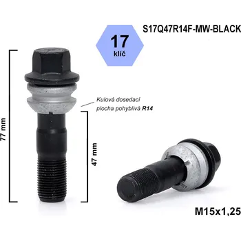 Šroubek na kolo Kolový šroub M15x1,25x47 kulový R14, pohyblivá plocha, klíč 17, S17Q47R14F-MW-BLACK, černý, výška 77 mm
