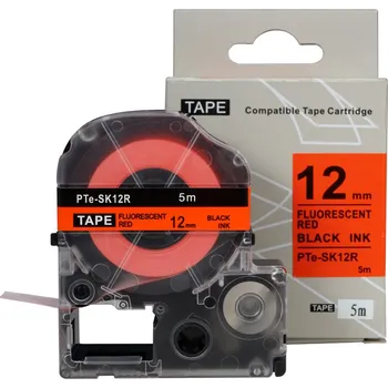 Pásek do tiskárny Epson SK12R, 12mm x 5m, černý tisk / fluorescenční červený podklad, kompatibilní páska