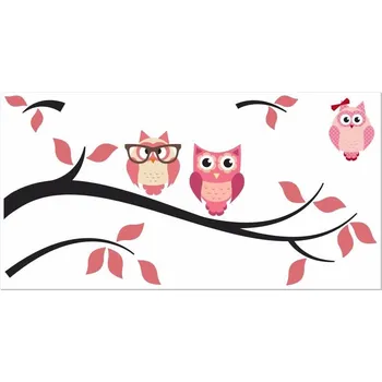 Samolepící dekorace Sovy na větvi růžové samolepka na zeď - S