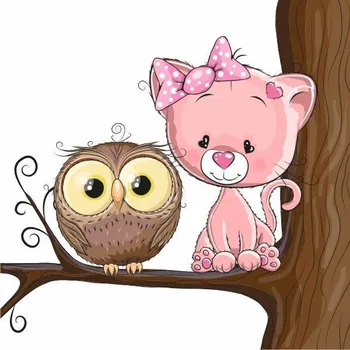 Samolepící dekorace Kočička a sovička samolepka na zeď - M