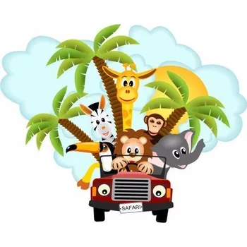 Samolepící dekorace Jeep safari zvířátka, palmy samolepka na zeď - S