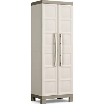 Zahradní skříň Vysoká plastová skříň na nožkách, 2 křídlé dveře, uzamykatelná, béžová / šedá, 65x45x182 cm