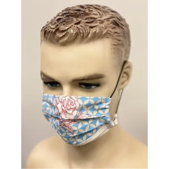 rouška KERA Hygienická rouška bavlněná modrobéžová vzor červená růže