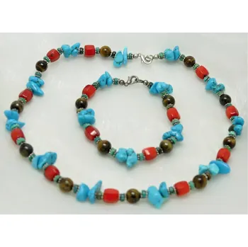 Souprava šperků Vorlové Šperky, Náhrdelník a náramek tygří oko, syntetický tyrkys a korál (Tygří oko, syntetický korál a tyrkys)
