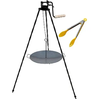 Pečicí pánev Železná pánev 44 cm s oušky a se závěsným držákem + trojnožka s pojistnou kladkou a obracečka na maso PARTY 1