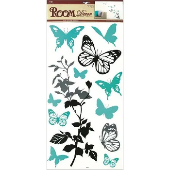 Samolepící dekorace Samolepky na zeď černošedá s tyrkysovými motýly, 60x32cm