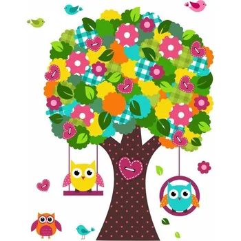Samolepící dekorace Barevný strom se sovičkami samolepka na zeď - S