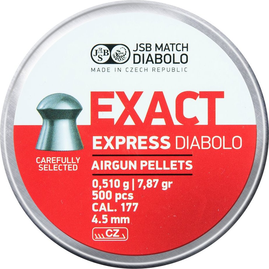JSB Diabolo Exact Express - Hmotnost 0,510g / 7,87gr, Průměr 4,520 mm, Balení obsahuje 500 kusů diabolek