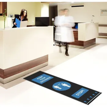 Rohožka Modrá gumová textilní rohož s potiskem Keep Your Distance - 200 x 65 x 0,6 cm