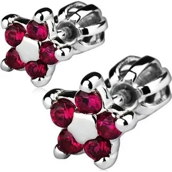 Náušnice Stříbrné náušnice šroubovací - kytičky, tmavě růžové zirkony