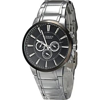 Hodinky HODINKY CURREN 8001 (Elegantní velké pánské hodinky z kvalitní oceli a skla kvalitní zn. Curren. Design je velmi propracovaný, pevný lesklý řemínek z nerez oceli uzavírá velký dobře čitelný černý ciferník se stříbrnými de)