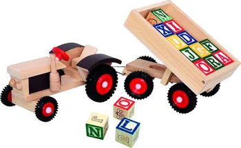 Dřevěná hračka BINO dřevěný traktor s gumovými koly a vlekem