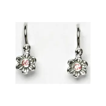 Náušnice Stříbrné dětské náušnice, růžový zirkon, kytička, stříbro, VE 185