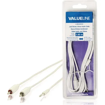 Audio kabel VALUELINE Stereo audiokabel s jackem, zástrčka 3,5 mm - 2× zástrčka RCA, bílý, 2,00 m