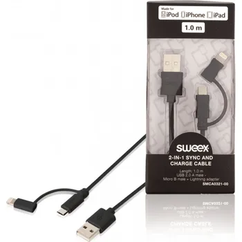 Datový kabel SWEEX Synchronizační a nabíjecí kabel 2 v 1, zástrčka USB 2.0 A – zástrčka Micro B + adaptér Lightning, 1 m, černý