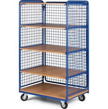 Policový vozík vysoký, tři strany drátěné, pět etáží z dřevotřísky, 300 kg