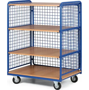 Policový vozík vysoký, tři strany drátěné, čtyři etáže z dřevotřísky, 300 kg