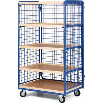 Policový vozík vysoký, tři strany drátěné, pět etáží z ohraněné dřevotřísky, 200 kg