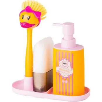 Dávkovač mýdla Set ke dřezu Kačenka dávkovač na jar, houbička a kartáš na nádobí DUCKS VIGAR (barva žlutá/růžová)
