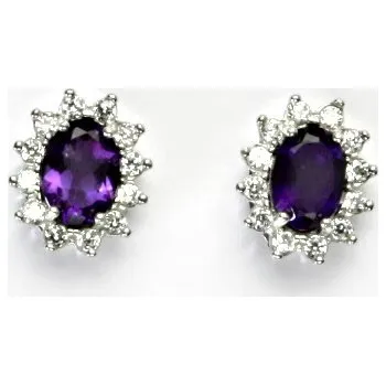 Drahý kámen Zlaté náušnice Kate, bílé i žluté zlato, přírodní tm. ametyst, čiré zirkony, NŠ 1480