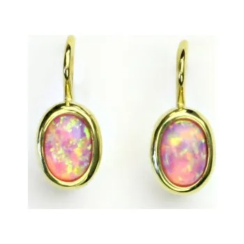 Náušnice Zlaté náušnice, žluté zlato, růžový syntetický opál, NK 1354