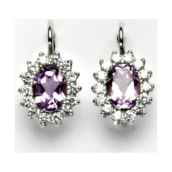 Drahý kámen Zlaté náušnice Kate, bílé i žluté zlato, přírodní sv. ametyst a čiré zirkony - NK 1507 (ametyst 8x6 mm)