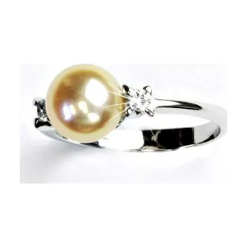 Prsten Zlatý prsten, přírodní říční perla lososová, bílé i žluté zlato - T 1207