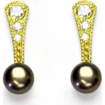 Zlaté náušnice, černá přírodní říční perla, žluté zlato, NŠ 1241