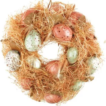 Velikonoční dekorace Věnec slámový, s kropenatými vajíčky a peřím 25cm