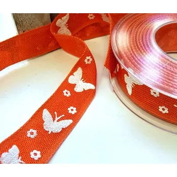 Stuha Stuha plátnová oranžová 25mm - motýlci - 1m