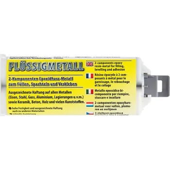 Tmel Dvoukomponentní lepicí tmel ("tekutý kov") - PETEC Flüssigmetall 50 ml (Speciální tmel pro vyplňování a tmelení trhlin, děr, chybně vyvrtaných otvorů, ale i k opravám strojů, karosérií, závitů, potrubí, nádrží apod.)