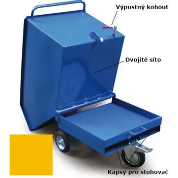 Odpadkový koš Výklopný vozík na špony, třísky 600 litrů, s kapsami pro stohovač, dvojitým dnem, sítem i kohoutem, žlutý