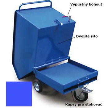 Odpadkový koš Výklopný vozík na špony, třísky 400 litrů, s kapsami pro stohovač, dvojitým dnem, sítem i kohoutem, modrý